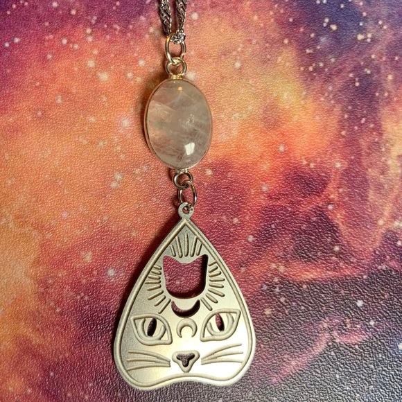 Moonstone Cat Planchette - Silver Rainbow Moonstone Occult Spirit Board Pendant - Picture 1 of 2